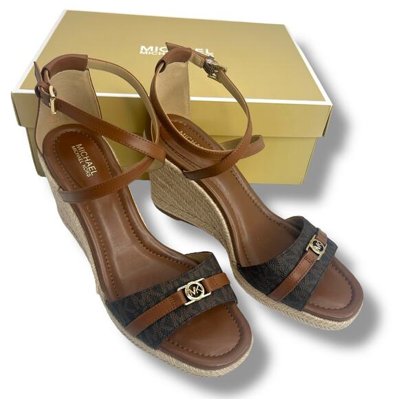 Michael Kors Logo Wedges Size 9 Mandy Strappy Brown Espadrille Ankle Strap EUC - Picture 4 of 15